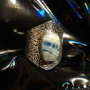 Ornate Scheelite Blue White Gemstone Sterling Silver Ring 925 Wide Band sz 5.75
